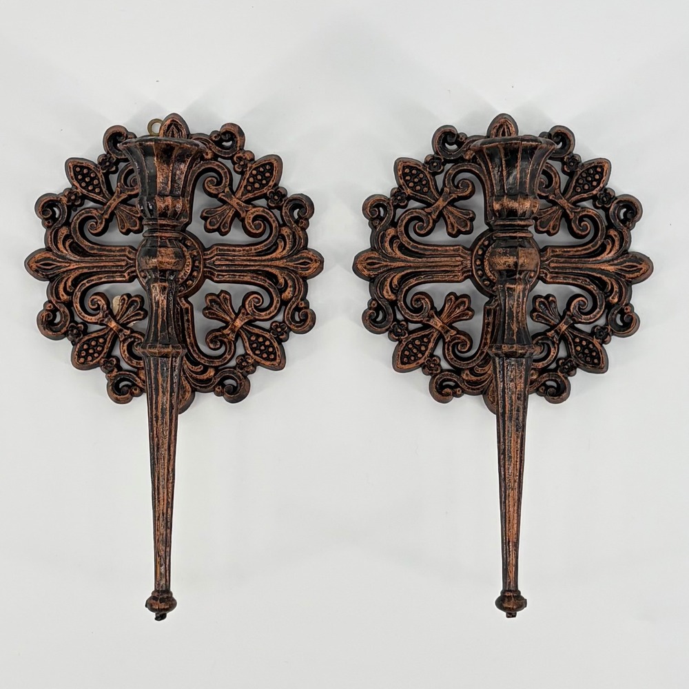 Dart Industries Wall Sconce Candle Holders Bronze Filigree Cross Vintage Decor